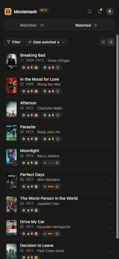 What you've watched together, rated by both of you side by side.